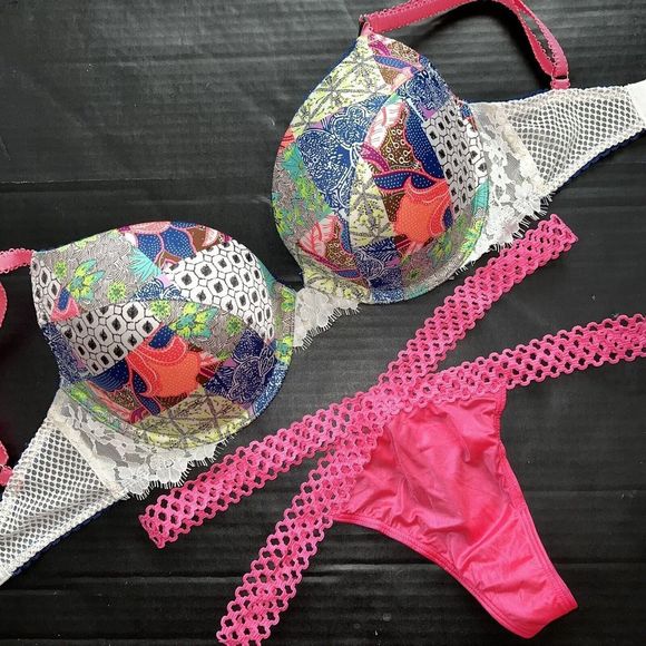 Victoria's Secret Other - Victoria's Secret 32DDD,34DD,34DDD BRA SET M thong Patchwork BLUE PINK WHITE